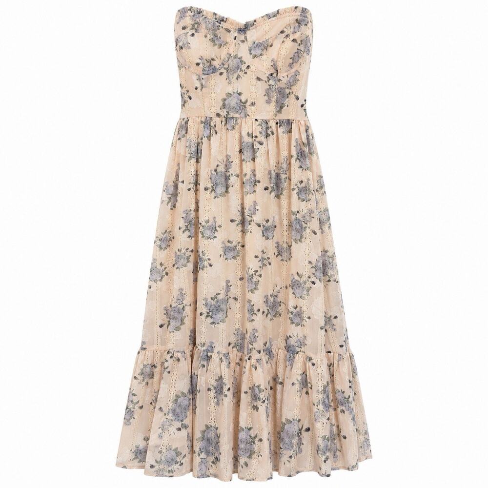 Storia Women’s L Blush Blue Floral Eyelet Strapless Maxi Dress Smocked Back